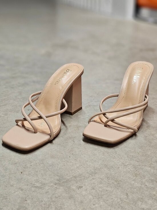 Shoes - Strappy Nude Block Heel Sandals For Women Square Toe Slip-On Design